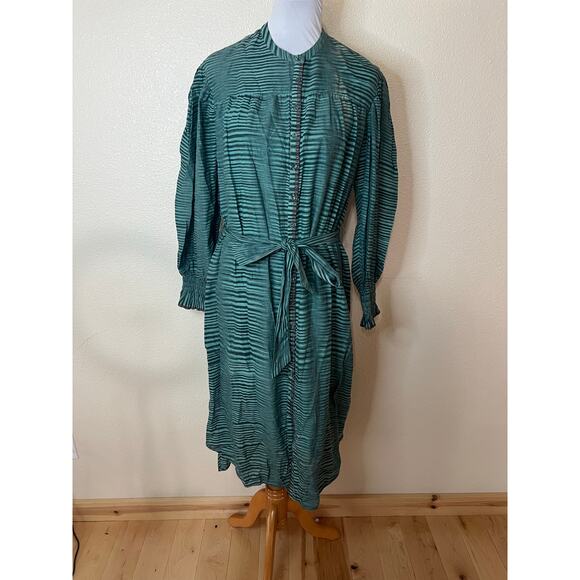Ulla Johnson Teal Fiora Piplin Cotton Striped Long Sleeve Midi Dress 8 - Picture 2 of 13